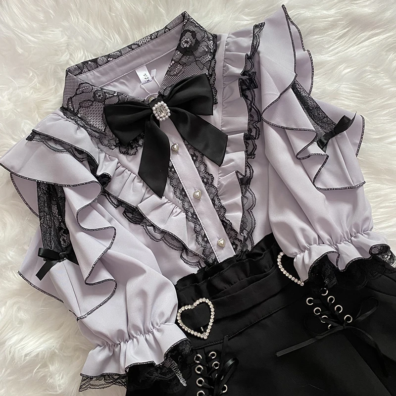 Letnie Słodkie Kawaii Moda Lolita Koszule Damskie Eleganckie Urocze Bluzki w Japońskim Stylu Y2K Estetyczne Gotyckie Eleganckie Bluzki z Długim Rękawem