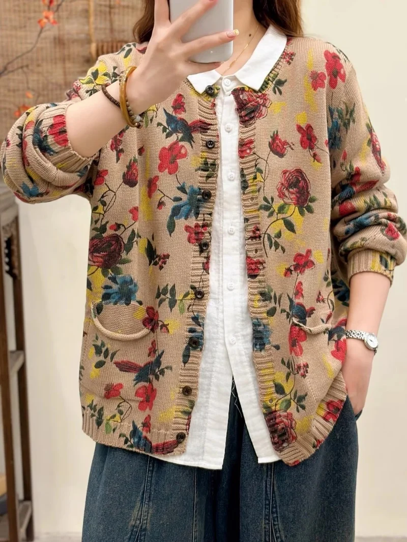 

Модный женский свитер с принтом, кардиган, новинка осени 2025 года, хлопковая вязаная куртка, свободная и универсальная с круглым вырезом w542