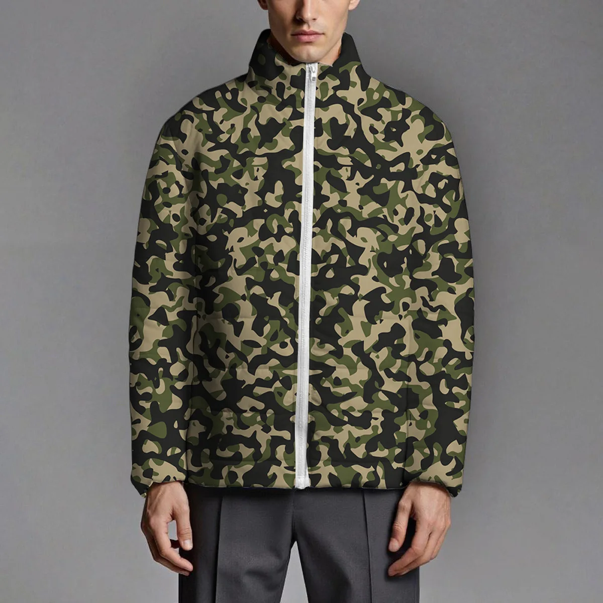 رجل أسفل سترة الشتاء أزياء الرسم المطبوعة الوقوف طوق الذكور ملابس خارجية رشاقته الدافئة سحاب أكمام طويلة فضفاضة معطف الرجال عارضة #3