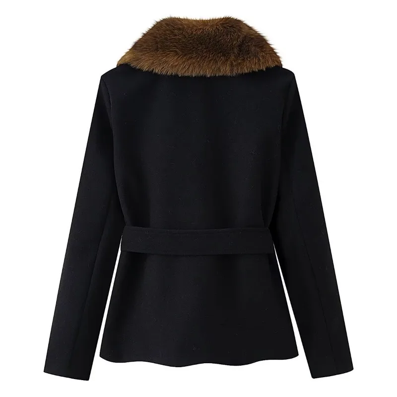 Autumn Winter Trend Streetwear Tweed Coat Fur Collar Versatile Outerwear Wool Coat Women Black Tops Trench Coats Belt Jackets