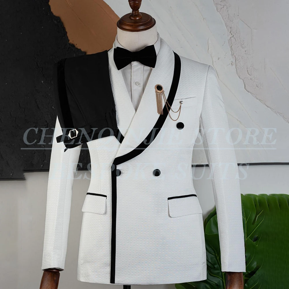 

Элегантные мужские костюмы, роскошный белый пиджак с черными брюками, комплекты высокого качества, двубортный комплект с шалью и лацканами, облегающий комплект из 2 предметов