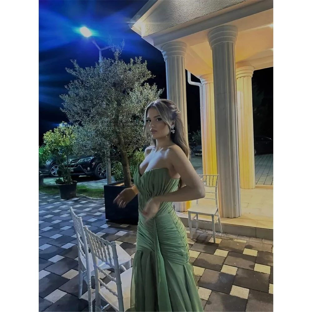 فستان حفلة موسيقية أخضر بدون حمالات شيفون طيات حورية البحر فساتين الحفلات الراقصة بدون ظهر طول الأرض فساتين سهرة 2025 مخصصة #3