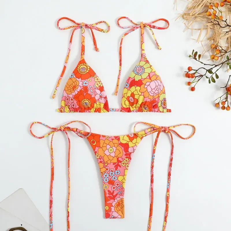 Qinjoyer Badmode Vrouwen Bloemenprint Bikini Set String Sexy Thong Badpak Badpak Vrouwen Biquini Micro Bikini Zwemmen Pak