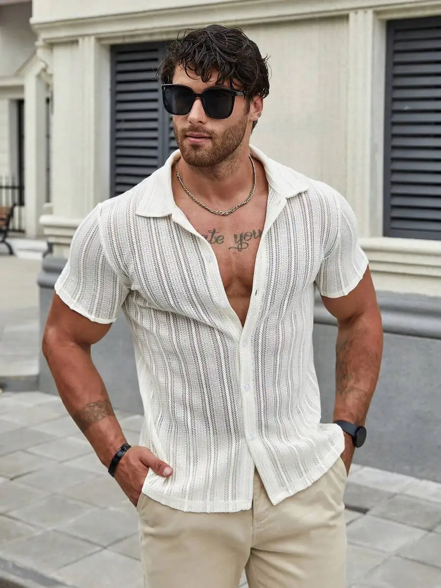 

Men's Knit Short Sleeve Button-Down Shirt, Cream Striped Casual Summer Top