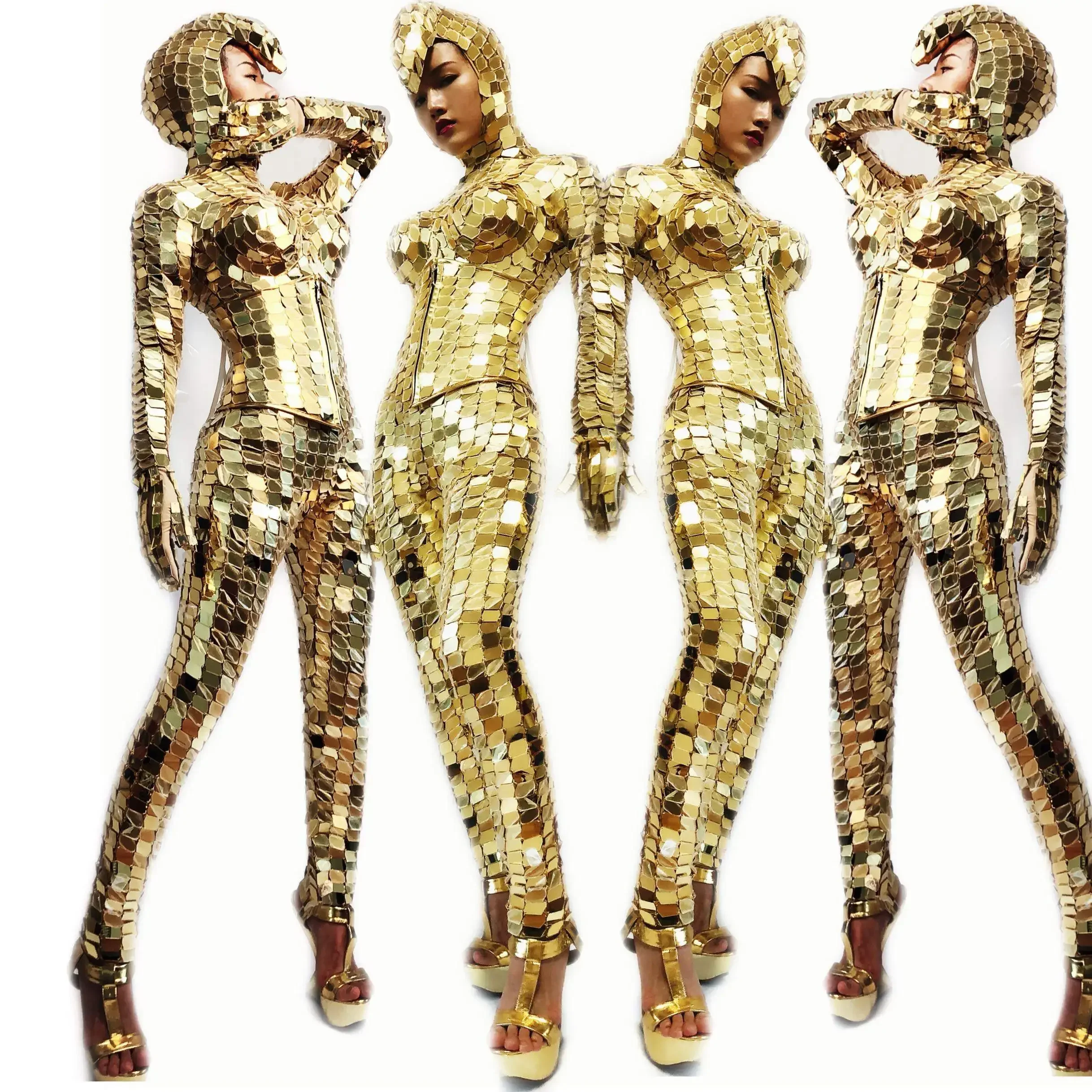 Sexy Sequin Snake Girl Gold Mirror costume three-dimensional big bra Luxury Cosplay Future Technology Female Dance Stage wear