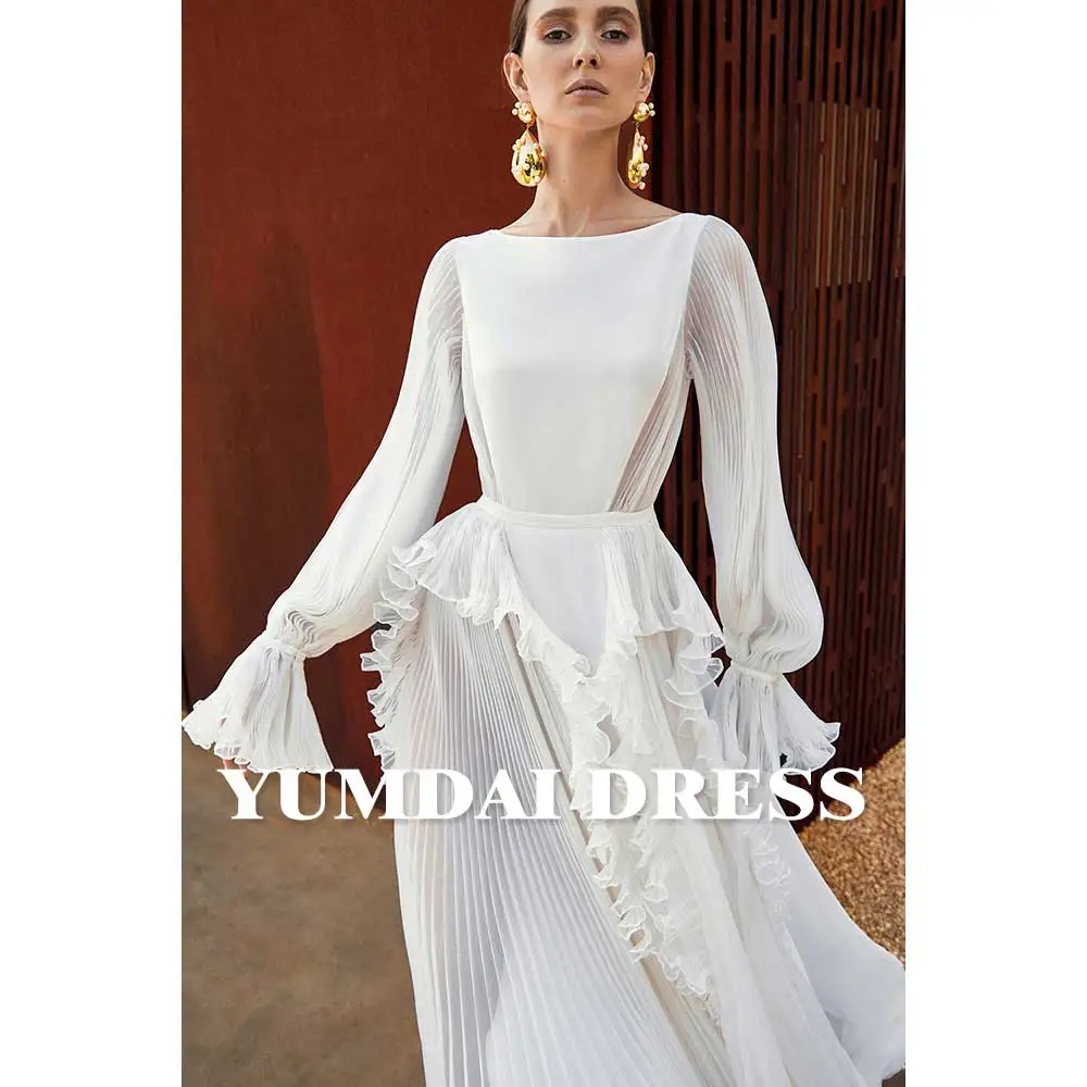 YUMDAI Saudi Women's Engagement Pleated Skirt Formal Prom Evening Dress 2024 Luxury Dubai Beige Satin Bridal Beach Wedding Dress