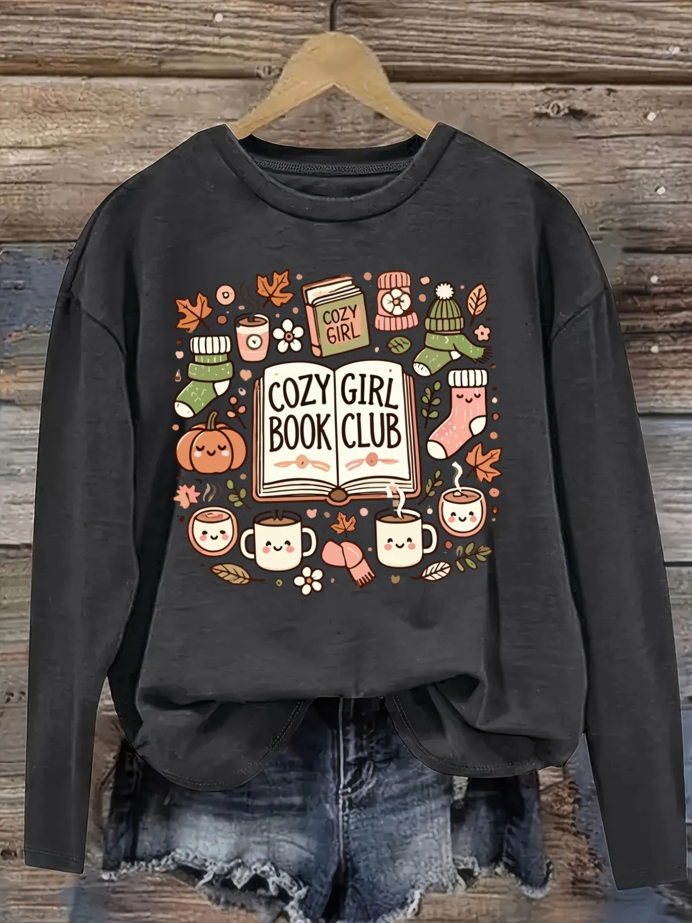 Women's Casual Long Sleeve Crew Neck T-Shirt Cozy Girl Book Club Autumn Design, Round Neck Women's Clothing, Machine Washable, Slightly Elastic, Loose Fit, Spring Autumn Winter Women's T-Shirt, Halloween Costume Outfit view 2