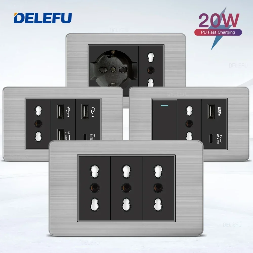 DELEFU Black Stainles Steel Italy Chile USB TypeC Fast Charging Socket Schuko Tuya Wifi Smart Switch Sat TV Tel Doorbell Curtain