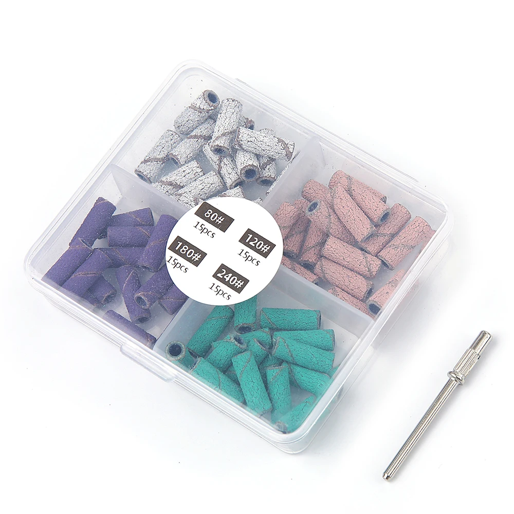 Faixas de lixamento de unhas de 3mm, grãos mistos 80/120/180/240-com 1 peça de eixo para broca elétrica de unhas, kit de manicure e pedicure 60 peças