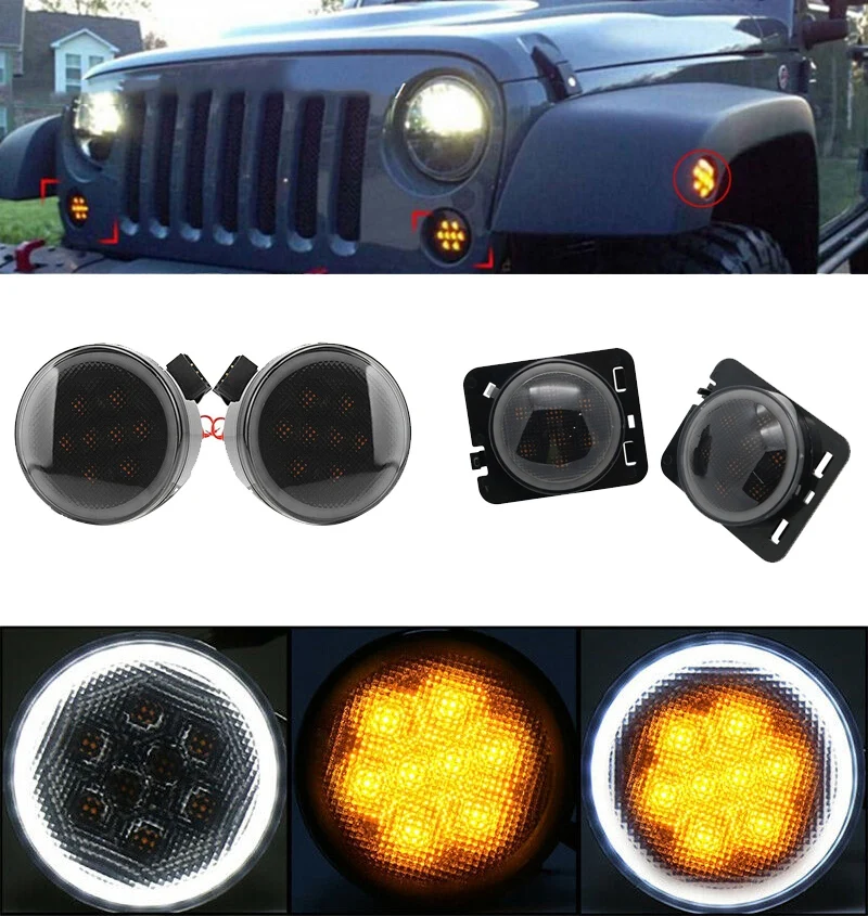 4 PièCes LED Clignotant + Marqueur LatéRal Fender Lights Drl Blanc Halo Lentille FuméE pour Jeep Wrangler Jk 2007-2017