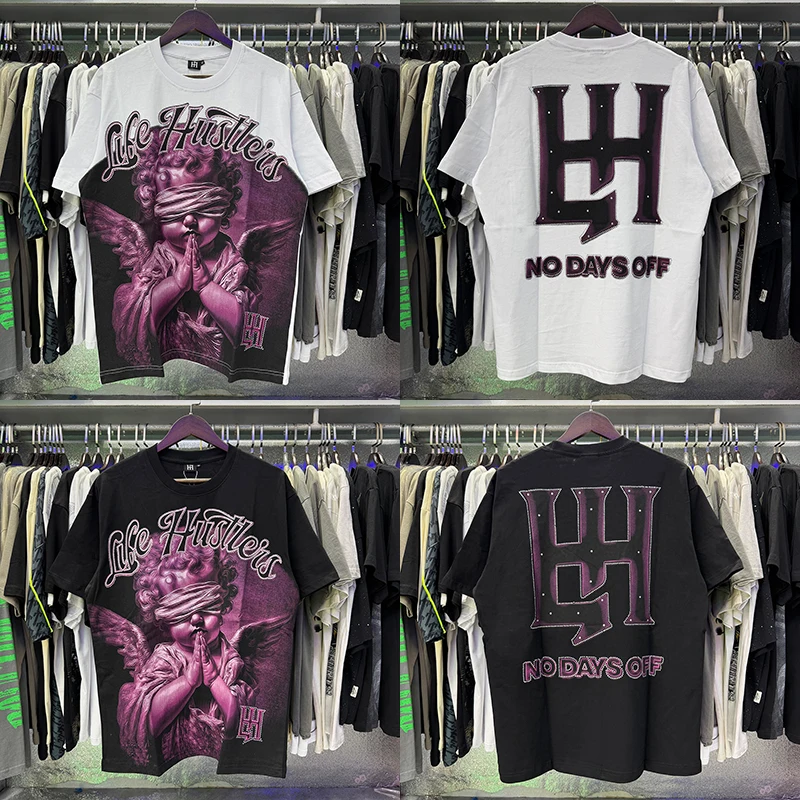 

Summer Life Hustlers T-Shirt American "Blind Baby" Praying White Rhinestone Letter Print Trendy Short Sleeve Tee Men Women