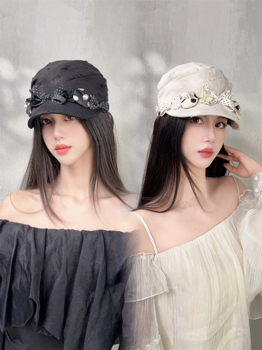 creampp-original-retro-lazy-fashion-hole-folded-boy-scout-cap-polka-dot-bead-flower-texture-linen-duckbill-hat-women's-fashio