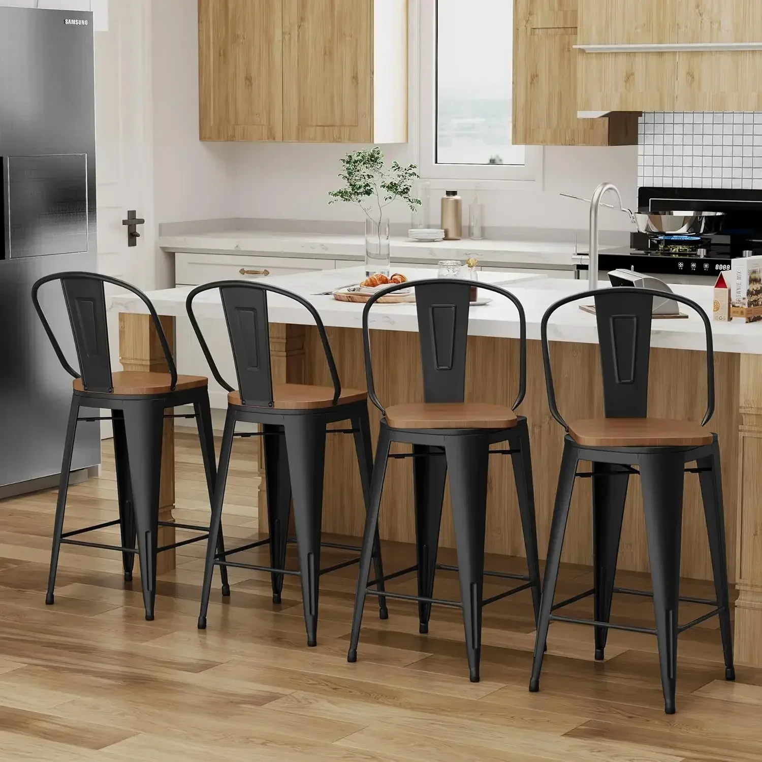 

[Discounted Price, Hot Sale!]26" Swivel Metal Bar Stools Set of 4 High Back Counter Height Barstools Industrial Dining Bar Chair