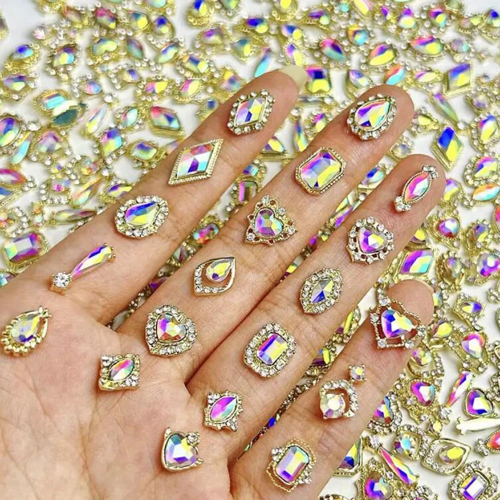 50 Stück Licht Luxus AB Edelsteine gemischte Form Herz/Oval/Wassertropfen Nail Art Strass Nägel Diamant Aurora Super Flash Nagelschmuck