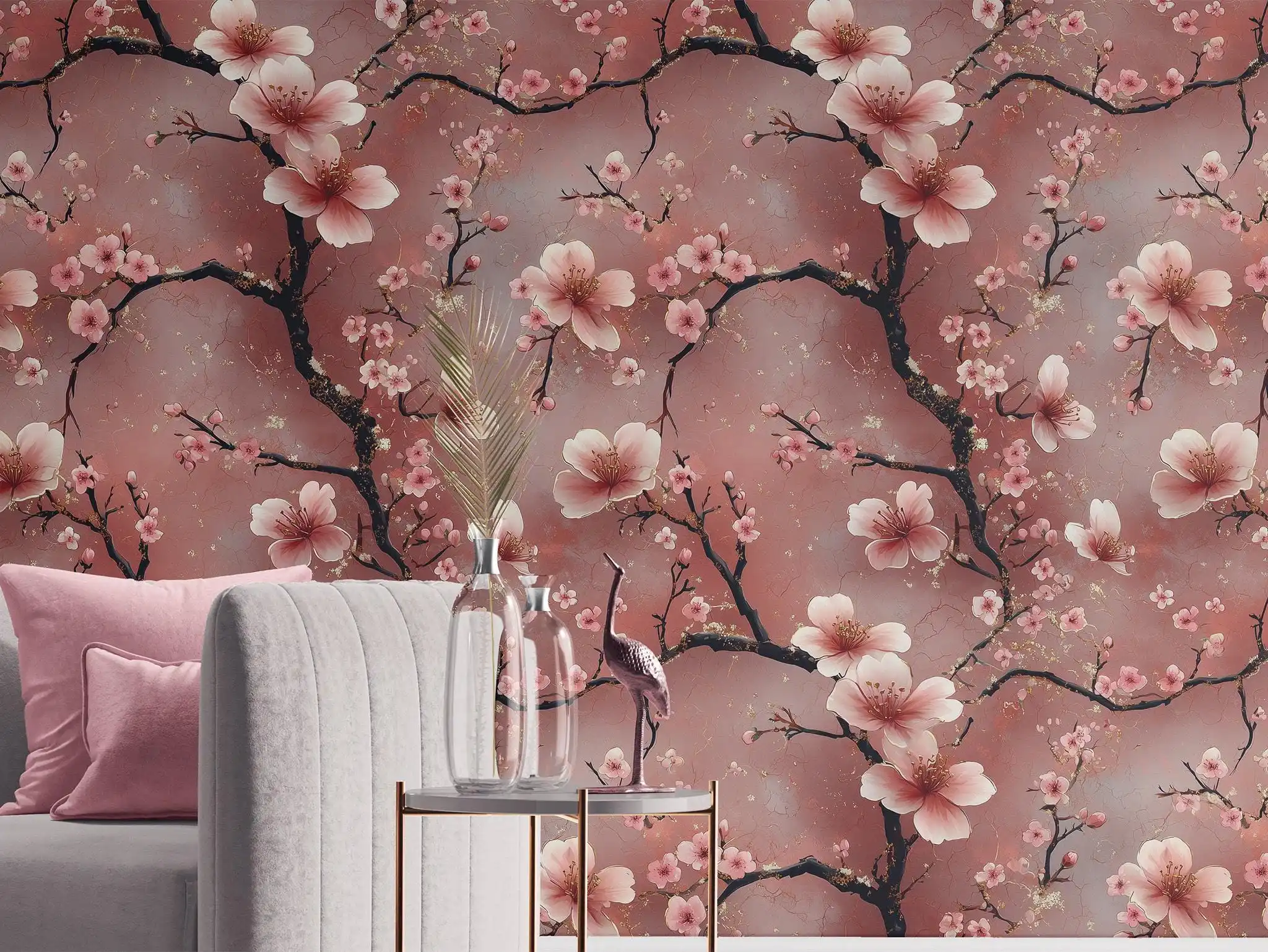 Cherry Blossom Floral Wall Mural Peel and Stick Removable Pink Blue Teal Wallpaper Custom Size Bedroom Living Room Decor murals