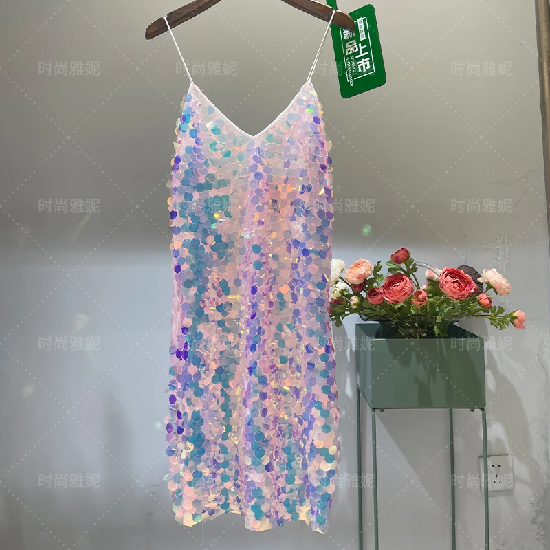 Fashion European And American V-neck Suspender Dress Sparkling Big Sequins Slim Sexy Stage Performance Colorful Costumes