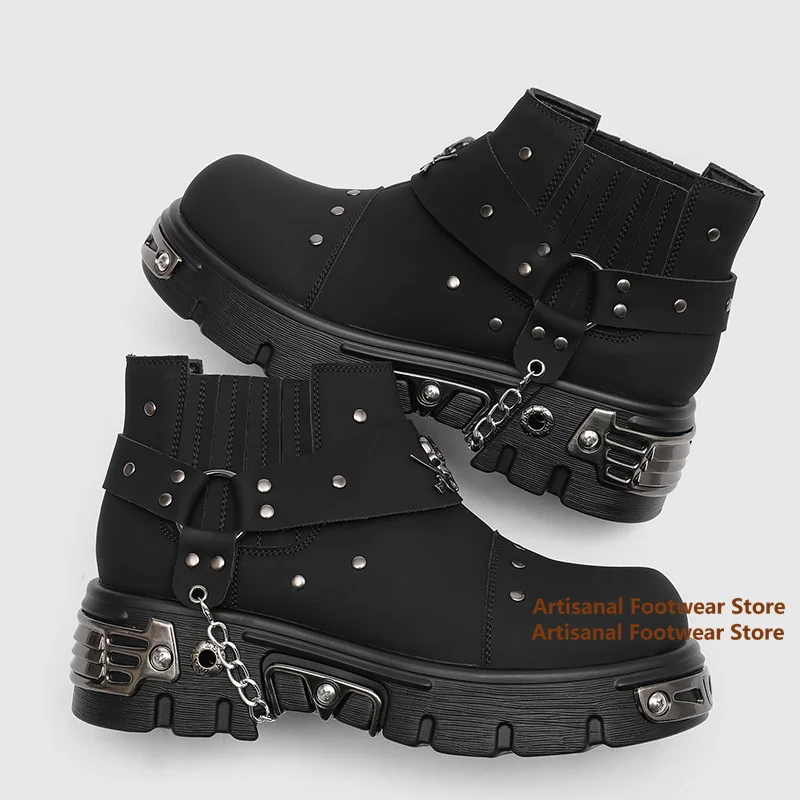 Black Skull Rivet Chain Platform Chelsea Boots Chunky Metal Thick-Soled Gothic Punk Ankle Boots Trendy Handmade Men's Boots