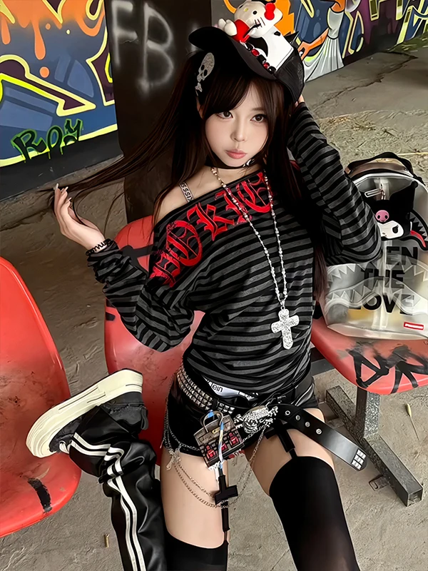 American Sle Striped Fun Letter Design Casual Long Sve T-irt Women Spring Autumn Versatile Leisure Top oulder Baring