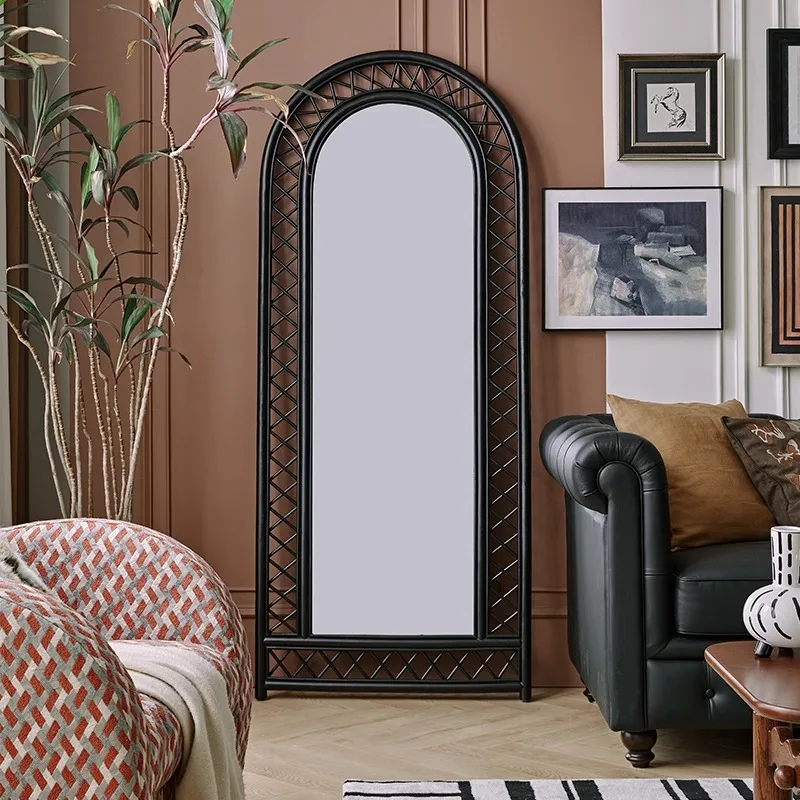 

Natural Indonesian rattan full-body rattan mirror black retro bedroom mirror medium antique floor-to-ceiling full-length mirror