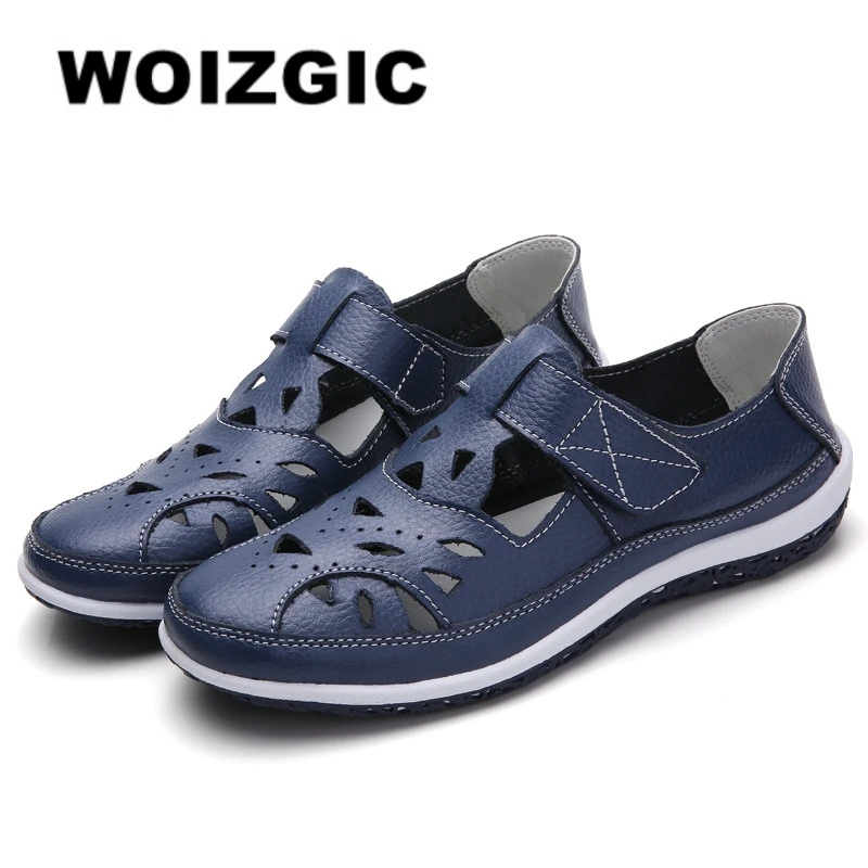 

WOIZGIC Women's Female Lades Genuine Leather Shoes Flats Sandals Slip On Summer Cool Outsize Beach Soft Moccasin Plus Size 41 42