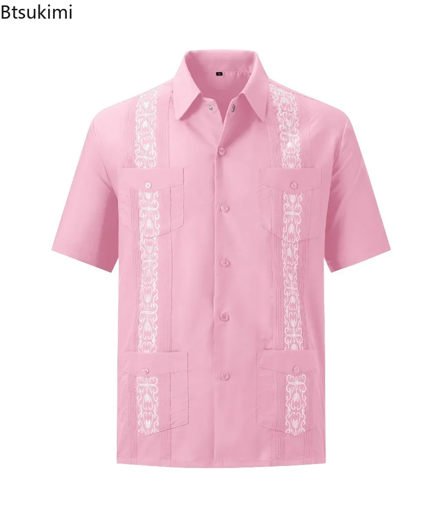 

New Zipper Men's Guayabera Shirts Clothing Four Pocket Embroidered Traditional Short Sleeve Shirts For Men Mexican Cuban Shirts