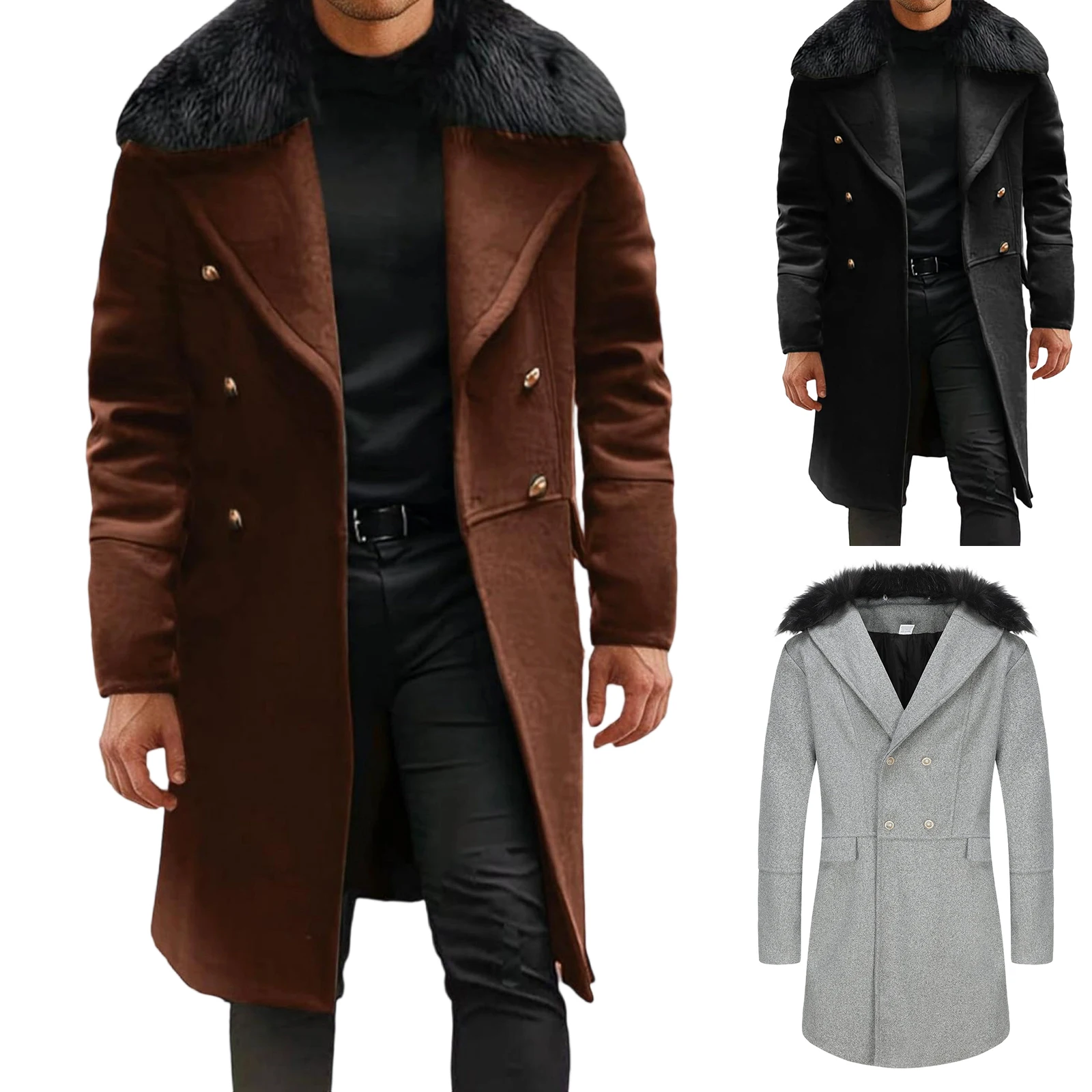 

Мужские двубортные плащи, зимние мужские зимние пальто средней длины с меховым воротником и лацканами, V-образным вырезом и длинными рукавами, теплые шерстяные зимние пальто