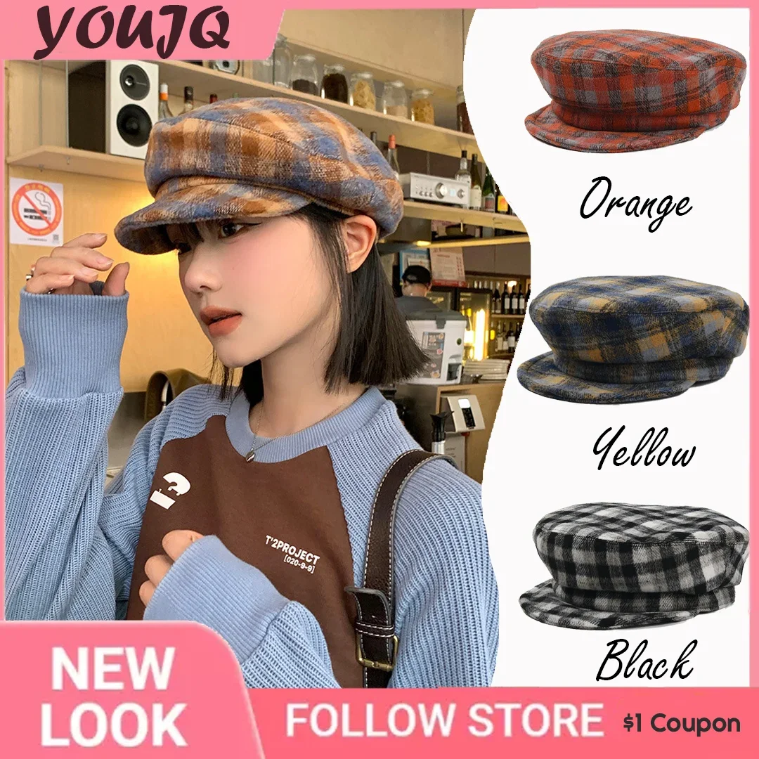 Chic Vintage Plaid Beret Octagonal Hats for Women Classic Beanies Caps Flat Brim Artist Berets Female Painter Cap Boina Mujer