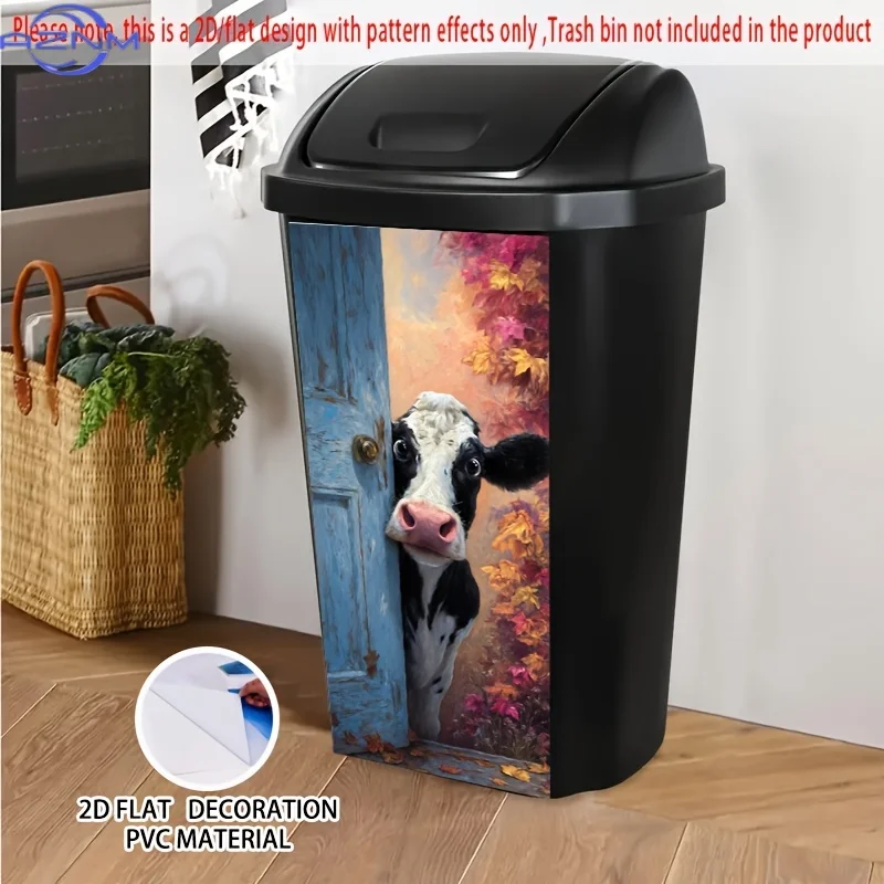 1pc 2D Flat Artistic Self-Adhesive Dustbin Sticker - Cow Peeking Behind Blue Door with Autumn Falling Leaves Design, x cm PVC