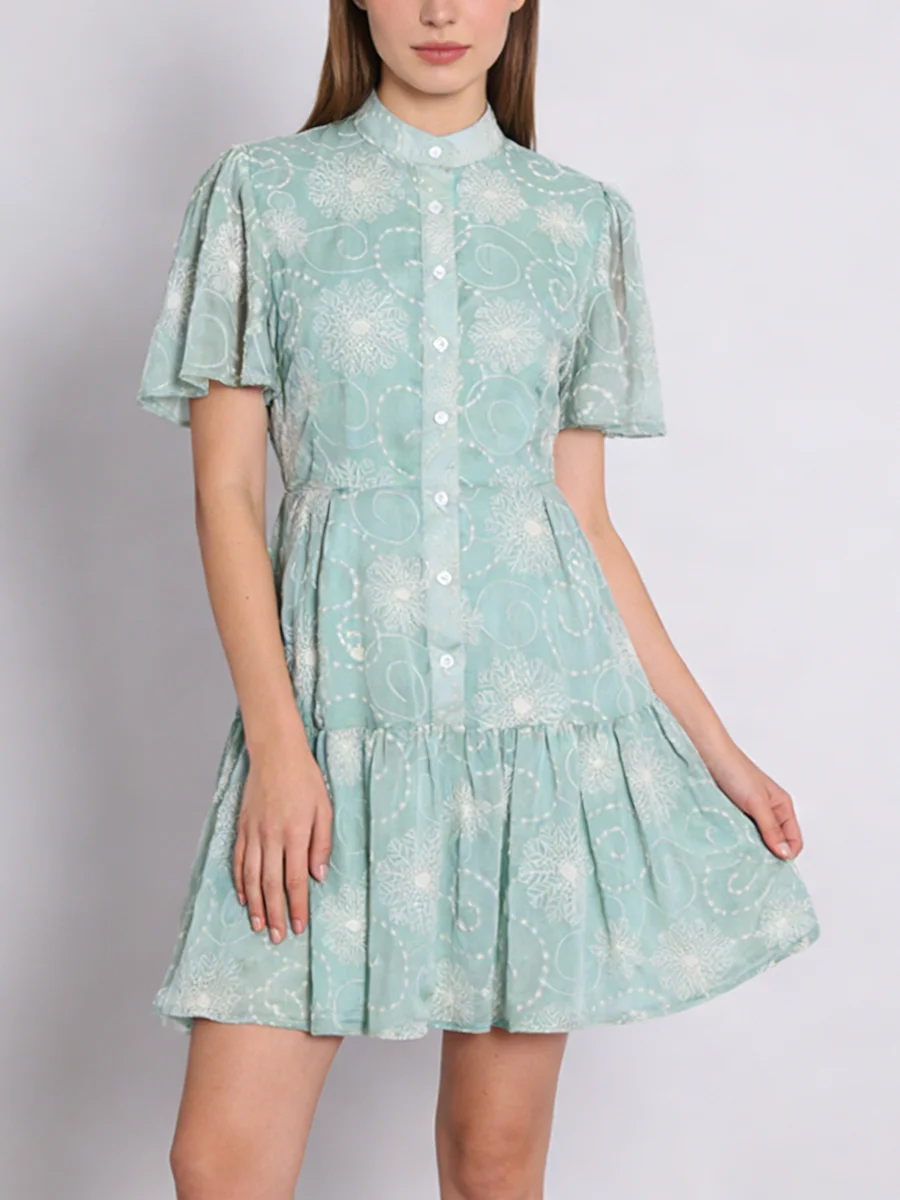 TWOTWINSTYLE Fashion Sheer Spliced Buttons Vintage Dress for Women O Neck Short Sleeves Tunic Patchwork Ruched Dresses Female