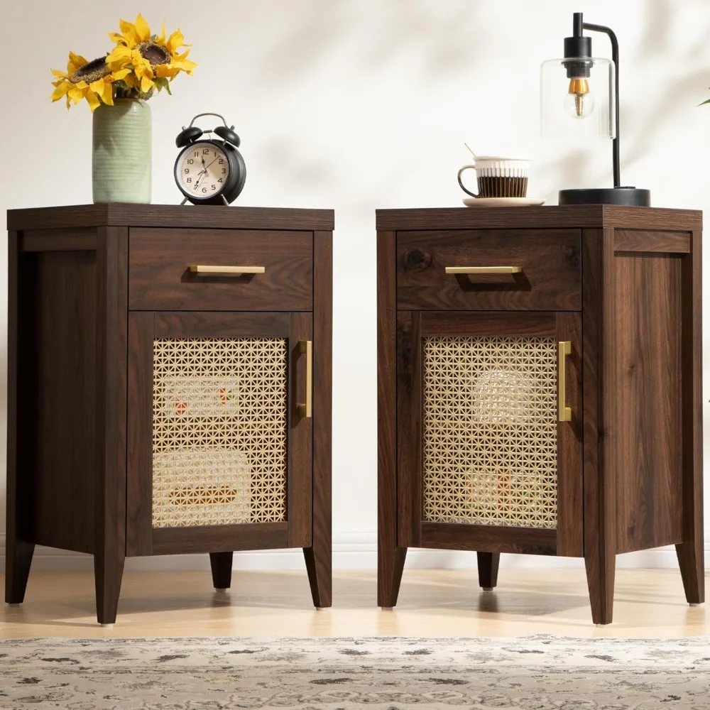 Mid Century Modern Nightstands Pair with Drawers, Wooden Vintage-Style Bedside Tables for Storage