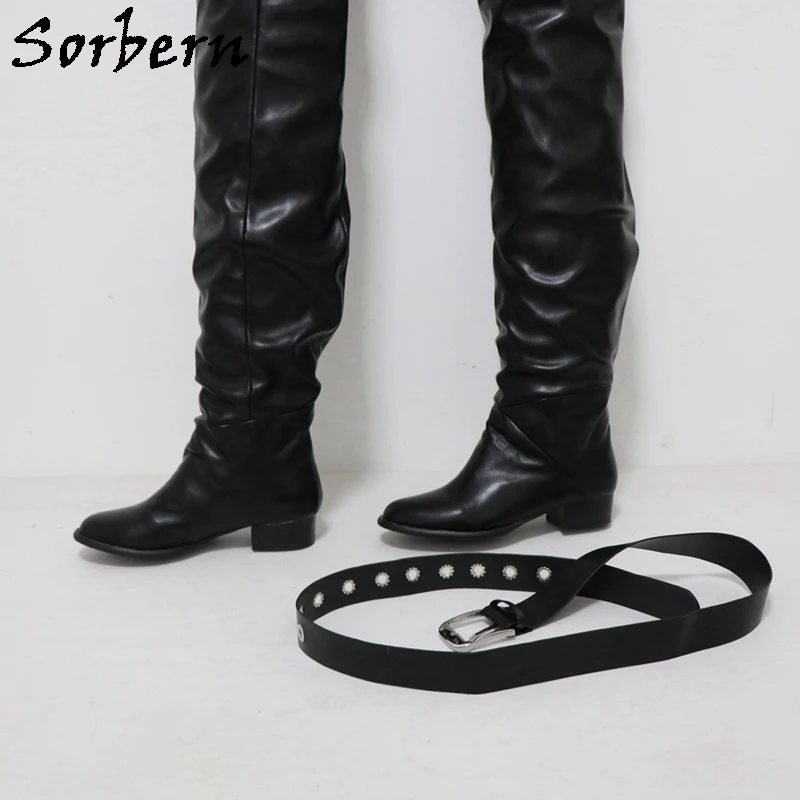 Sorbern Customized 110Cm Crotch Boots Unisex 130Cm Outside Low Heels Fetish Boot With Belt Round Toe Square Heel Multi Color