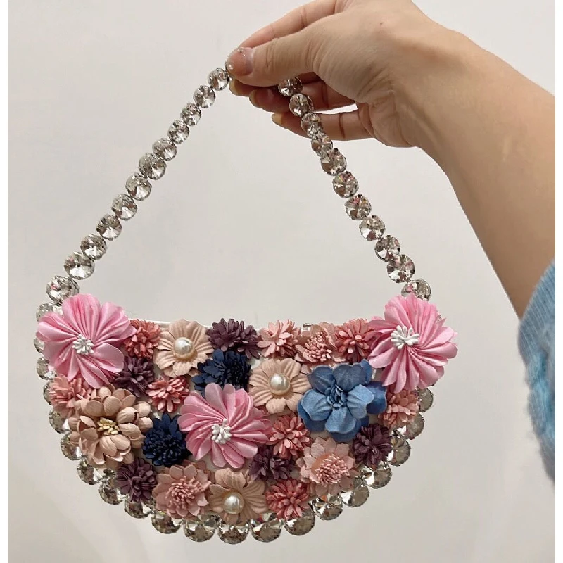 

ins Xiaohongshu influencer's handbag, French fairy-style evening bag, pearl-embellished floral underarm bag, hand-held bag