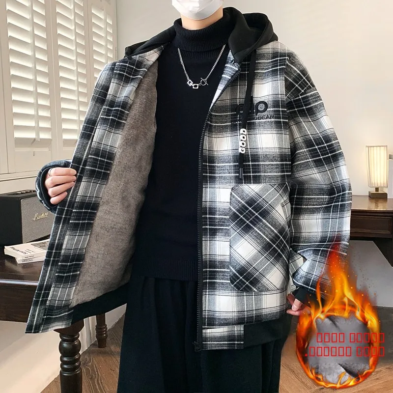 

ex Hooded Fce-Lined Jaet Thiened Casual Sle Windproof Warmth Autumn Winter Plaid Patterned Coat for Men