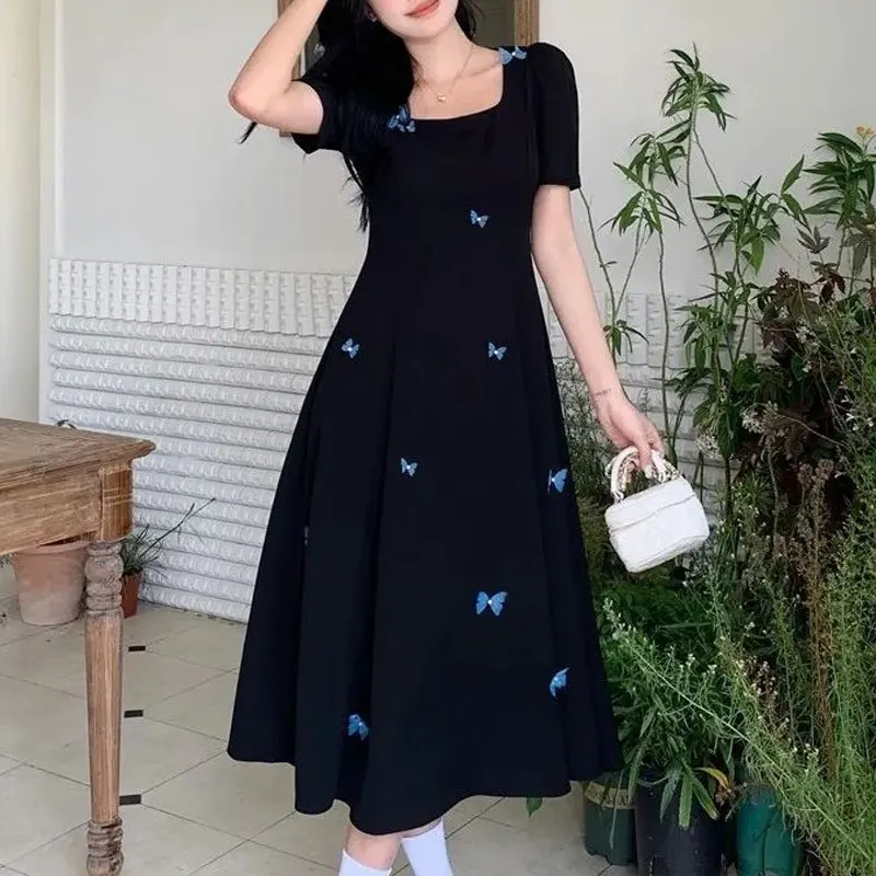 Elegant Square Collar Dresses Summer Vintage Women's Clothing Stylish Butterfly Three-dimensional Decoration A-Line Midi Dress