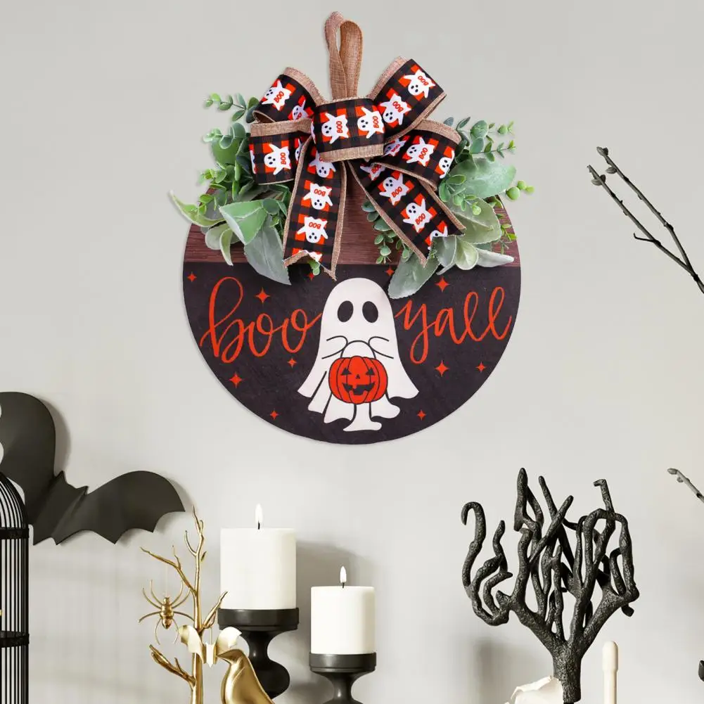 Graphic Printed Door Decor Spooky Halloween Wooden Door Hanger Decorations with Bow Ghost Welcome Sign for Front Door for Home