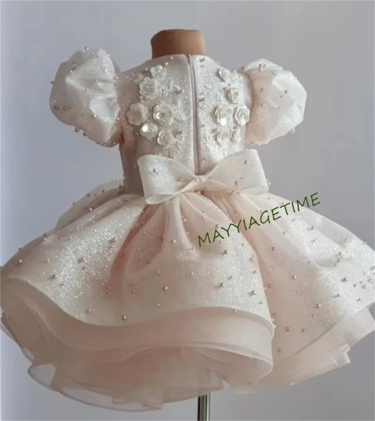 Blush Baby Girls Birthday Party Gown with Bow Floral Lace Pearls Flower Girl Dress Knee Length First Communion Dress 12M 24M