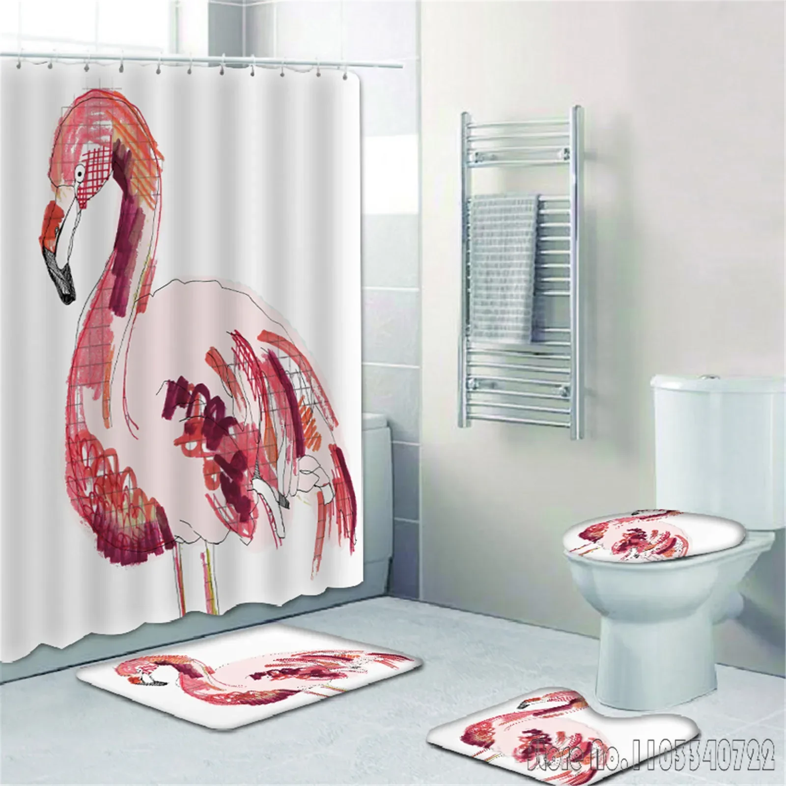 Juego de Cortina de Ducha con Diseño de Flamencos de Dibujos Animados, 4 Piezas con Ganchos, Impermeable, Alfombra de Baño, Decoración para el Tapa del Inodoro