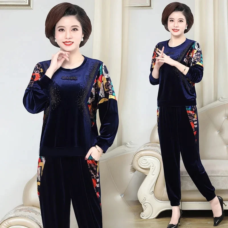 Autumn  sportswear Womens Suits Gold Velvet Sports Suit Middle-Aged Elderly Mom Crew Neck T-Shirt Harem Pants 2 Piece Set