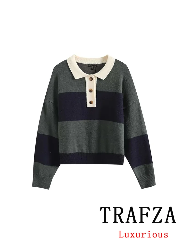 TRAFZA Vintage Casual Knitted Women Polo Sweater Striped Long Sleeve Loose Pullovers Fashion 2024 Autumn Office Lady Mujer Tops