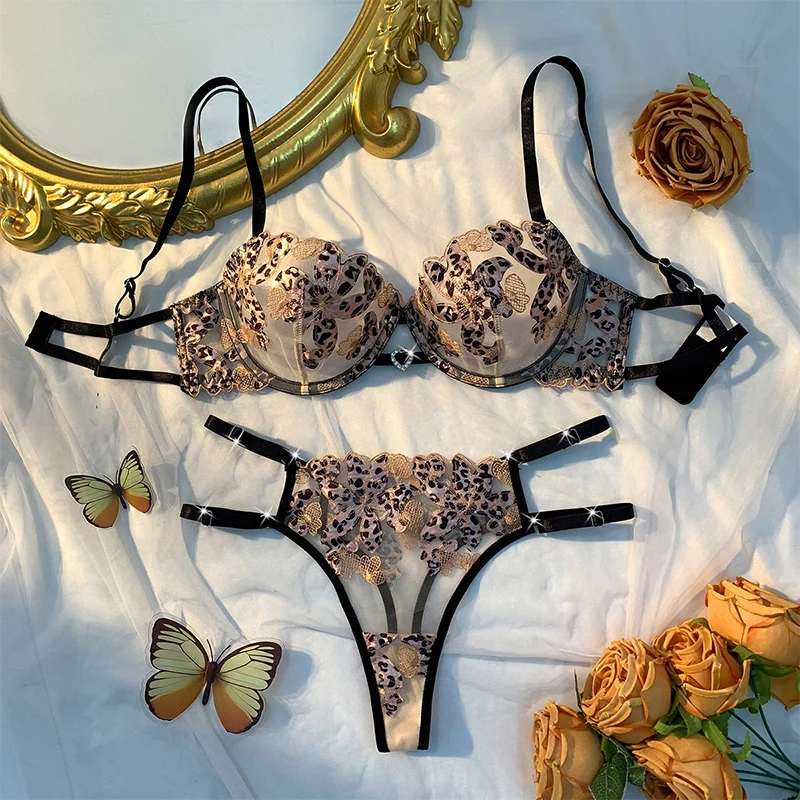 

Sexy Female Lingerie Leopard Embroidery Bra Panty Sets Mesh Underwear See Through Lingerie Three-point Intimate Bralette Set