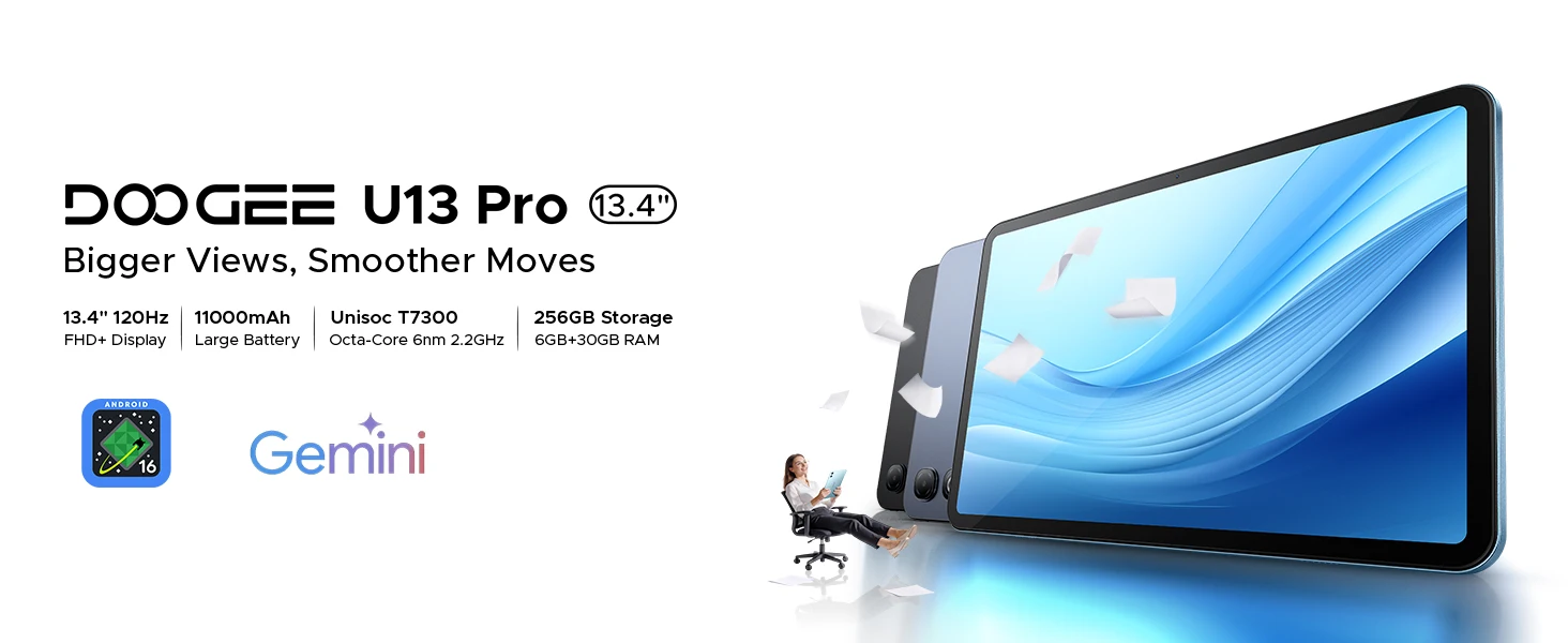 DOOGEE U13 Pro 2 in 1 Tablet PC 13.4" Screen Android 16 11000mAh 36GB RAM(6+30) 256GB ROM Gemini AI Widevine L1 Netflix Supports