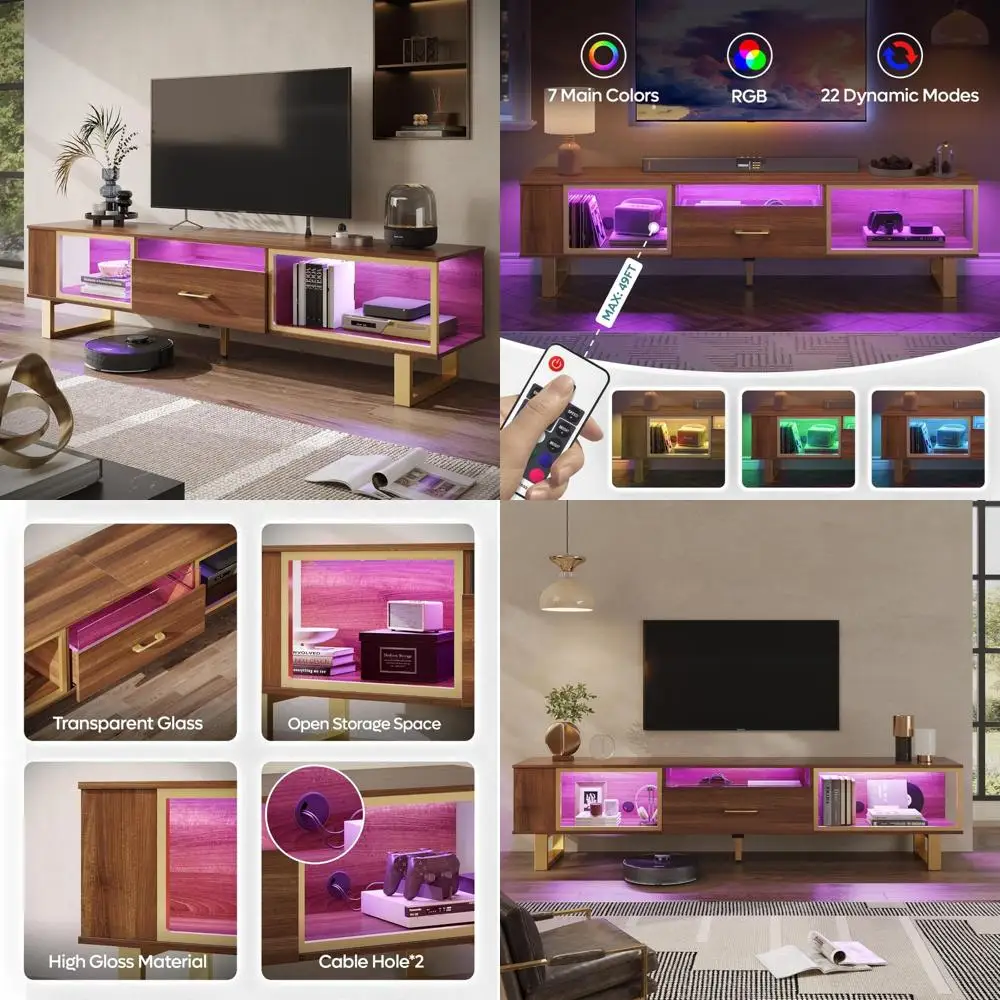led-illuminated tv stand for 80-inch tvs: gaming and entertainment center with open shelves and glass-front drawers