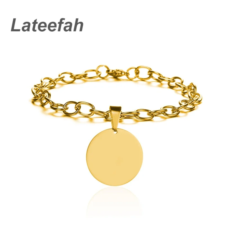 Lateefah Personalised Pulseras De Hombre Stainless Steel Customised 20cm Heart Round Rectangle Charm Engraved Photo Men Bracelet