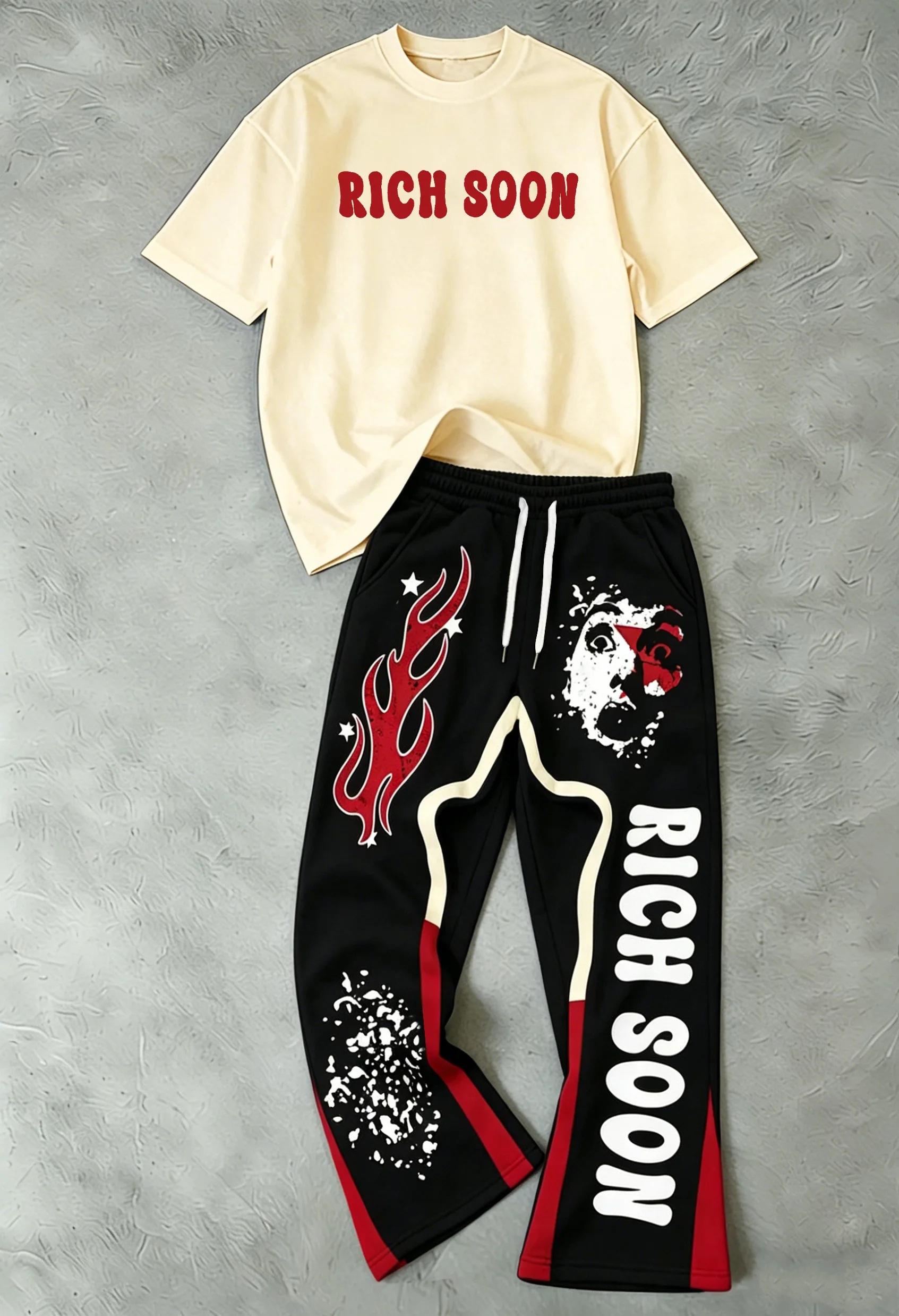 Men's Vintage Y2K Streetwear 2 Piece Outfit, Rich Soon Graphic Print Casual Summer Tracksuit, Hip Hop Set