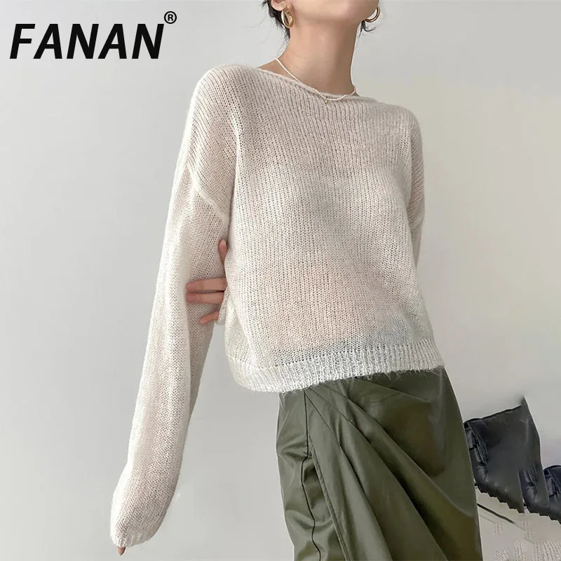 

FANAN Thin Knitted Sweater Women's Long Sleeve Solid Color Transparent Pulled Female Fashion Top 2025 Spring Summer Minimalism