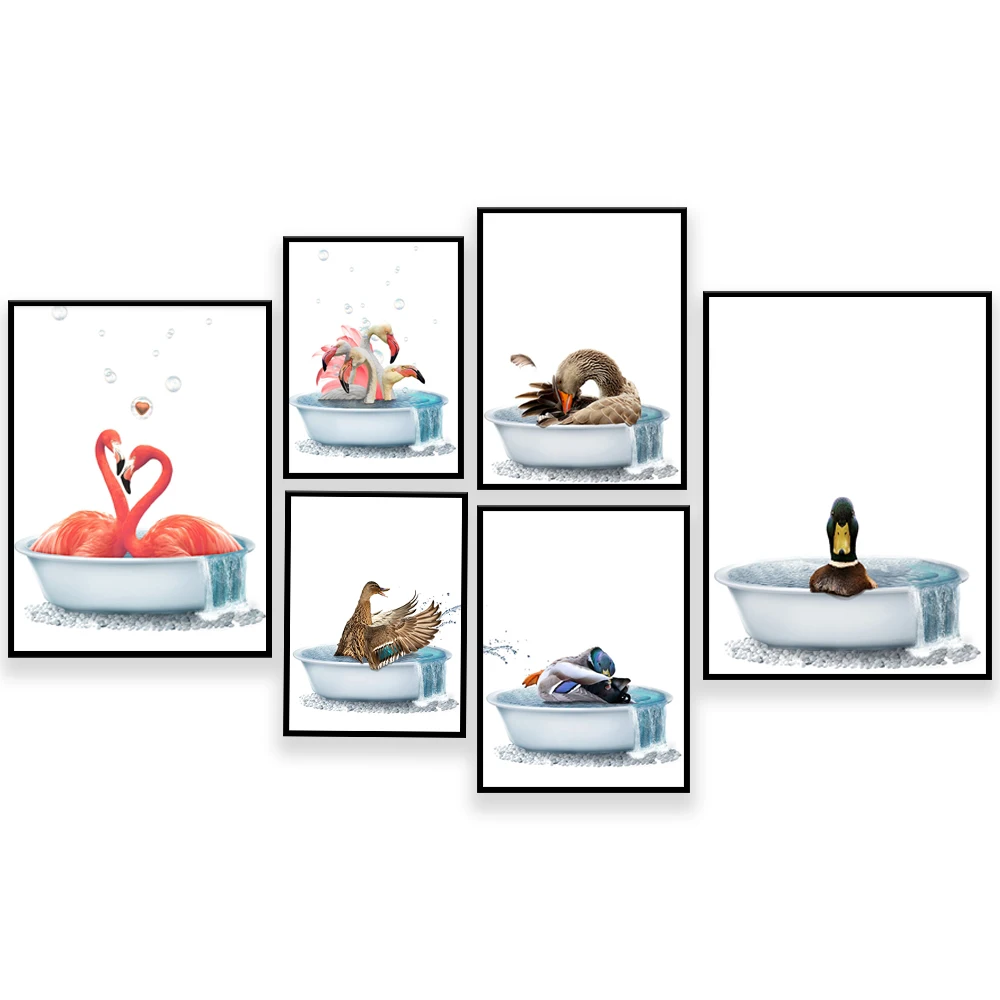 Ducks and goose splashing bathtubs, green cassava and hens, tropical birds, wild duck nursery rhymes poster animal bathroom