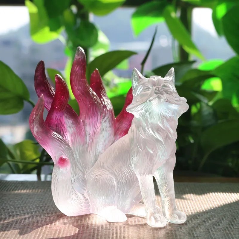 Ancient methods glass, Nine Tailed Fox, worship, call peach blossom luck, white fox statue, living room desktop ornaments