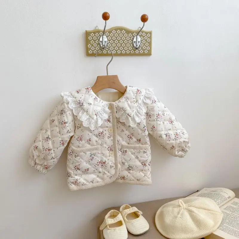 Autumn Winter Girls\' Baby Plush Floral Coat Fashion Children\'s Lace Collar Cotton Coat Long Sleeve Thick Cardigan Cotton Jacket