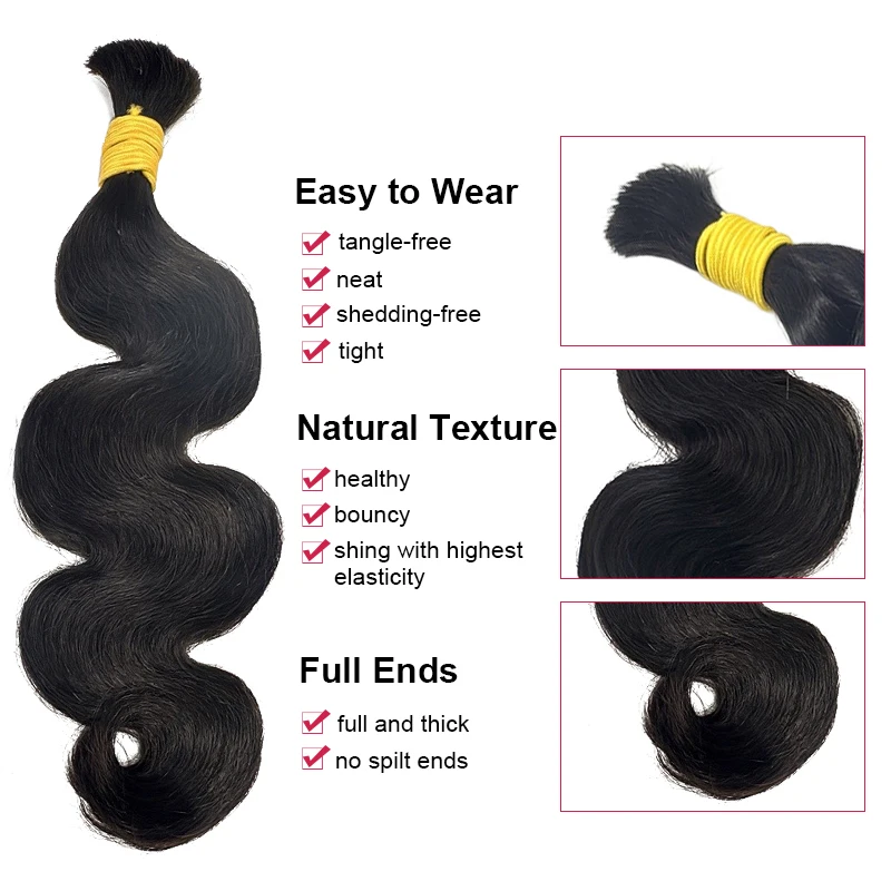 Körperwellen-Echthaar, Boho-Zöpfe, Bündel für Frauen, 50 g, 100 % unverarbeitete rohe Jungfrau-Echthaarverlängerung, Bulk-Echthaar, kein Schuss