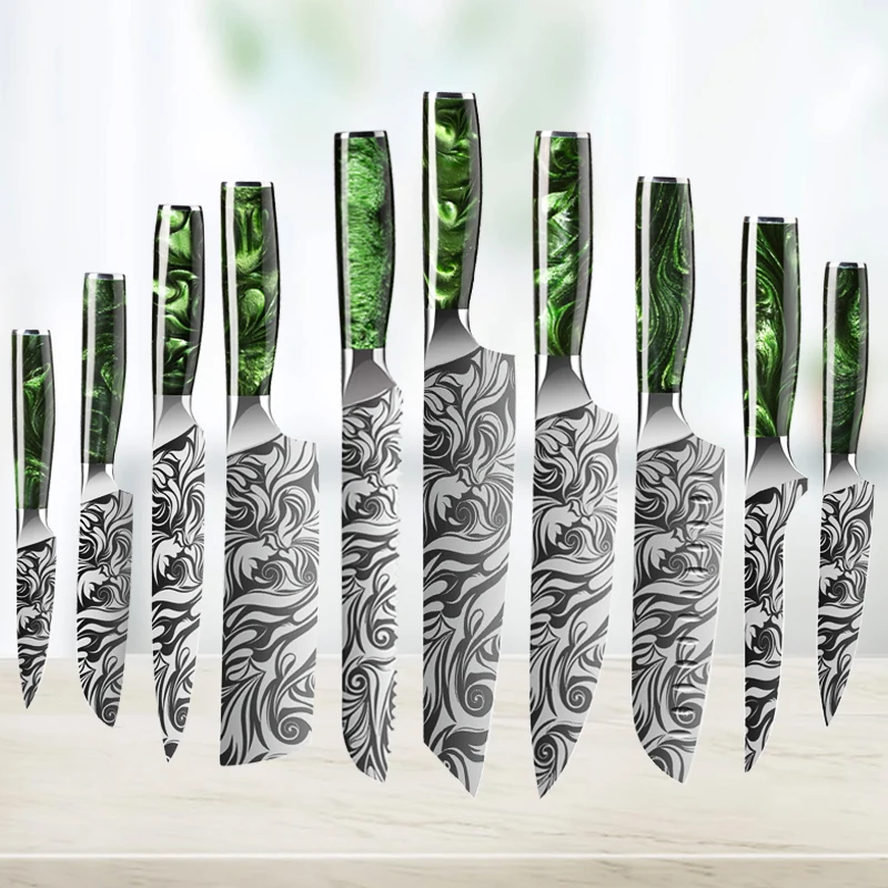 

Kitchen Knives 1-10 Pcs Set Laser Damascus Pattern Sharp Chef Knife Japanese Santoku Knife Cleaver Slicing Knife